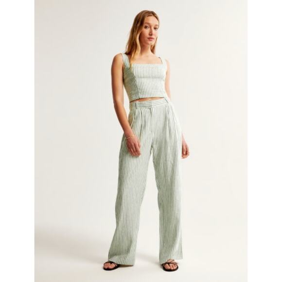Women's Abercrombie & Fitch Sloane Linen Blend Wide Leg Trouser in Green Stripe - Picture 6 of 6